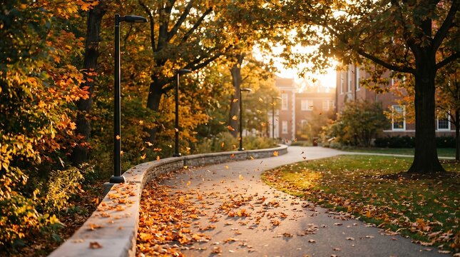 Autumn leaves falling on empty school path in early morning light