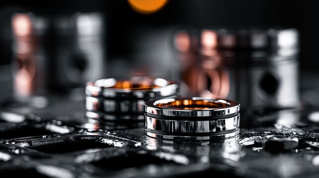 Medium shot focusing on the chrome plating application on piston rings highlighting the smooth reflective finish for increased hardness and reduced friction.