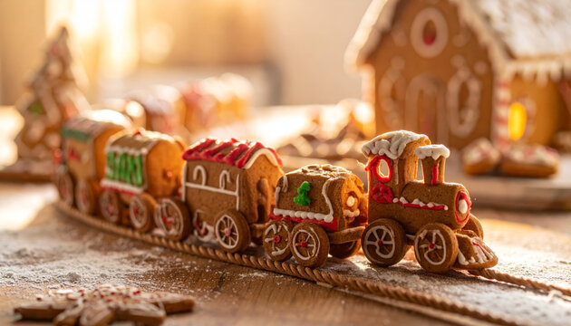 An enchanting gingerbread cookie train travels along a licorice track, a whimsical edible creation perfect for holiday delight.
