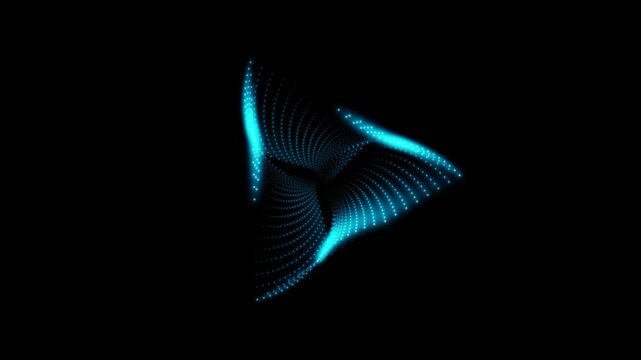 A rotating isosceles blue neon 3D triangle composed of small, alternately glowing dots isolated on a black background. Sacred geometry. 4K loop animation at 60 fps.