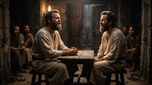 Two men praying inside an ancient prison cell in the dark. Biblical scene of Paul and Silas in dark dungeon. Historical religious concept illustrating faith, scripture and hope.