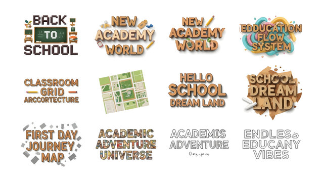 Educational Typography and Graphics: A collage of creative typographic designs and graphic elements related to education, including school, learning, and academic themes.