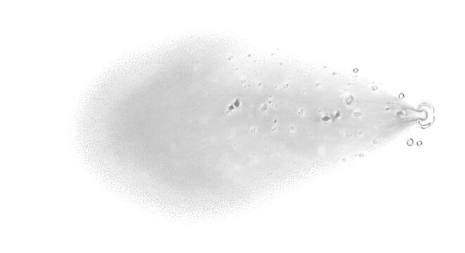 A white aerosol spray mist emerging from a nozzle, creating a cloud of fine droplets and bubbles against a solid black background