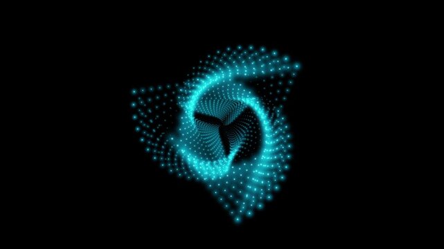 A rotating isosceles blue neon 3D triangle composed of small, alternately glowing dots isolated on a black background. Sacred geometry. 4K loop animation at 60 fps.