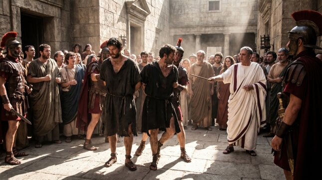 Apostle Paul and Silas guarded by Roman soldiers in a city square. Biblical scene of prisoners before authorities. Ancient history, faith, persecution and justice in Roman empire.