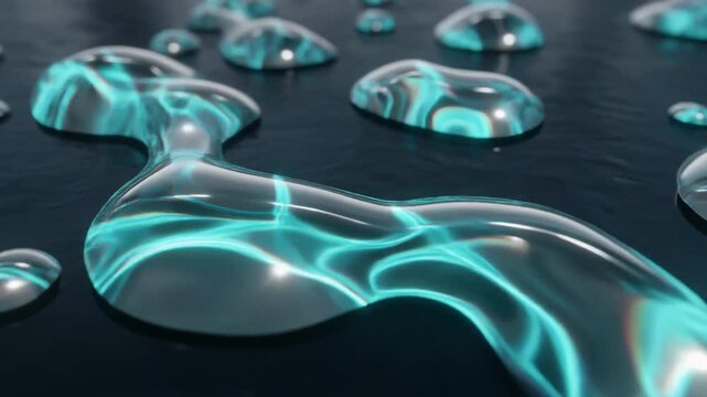 Seamless Loop of Abstract Luminous Water Droplets with Glowing Cyan Patterns on Dark Surface, Cinematic Full HD Motion Background for Technology and Science