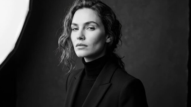 Expressive black and white portrait of a model posing in studio, high-impact beauty and fashion image with dramatic contrast, confident gaze and timeless editorial value, ideal for identity, style and