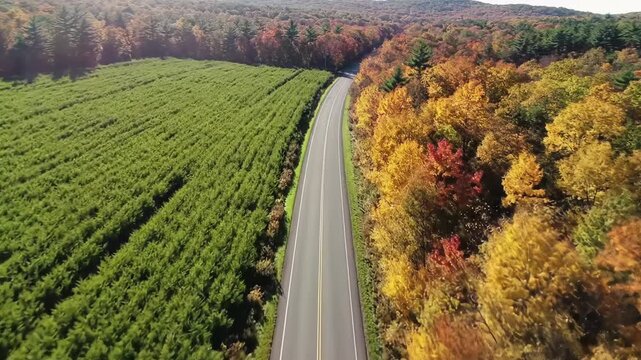 A high-angle aerial wide video tracks a winding asphalt road dividing lush emerald green foliage and vivid autumn colors under golden hour sunlight. Concept of progressive change