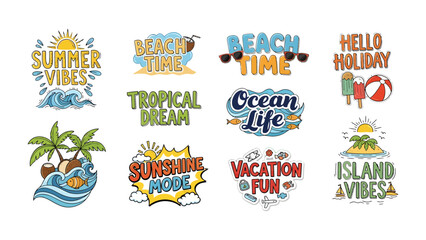 Summer Holiday Collection: A vibrant collage of twelve distinct graphic elements celebrating summer, beach, and tropical vacation themes with playful lettering and imagery. © Rahimatul