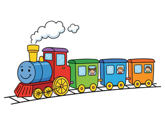 A colorful train with locomotive and cars travels on tracks © firman