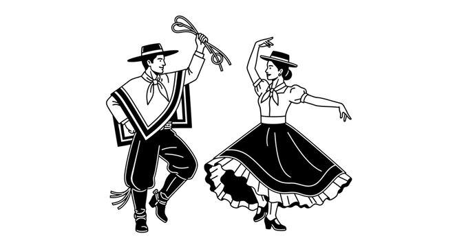 Chilean Cueca Dancers Illustration in Black and White