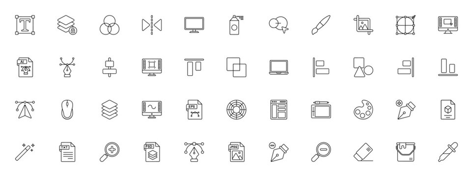 Graphic Design icon set. Minimal line vector icons pack. Includes symbols for font size, layers, paint brush, pen tool, color wheel, align, zoom, and more. Editable stroke.
