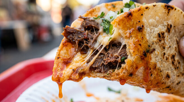 Messy Bite of Quesabirria Taco with Oozing Cheese and Dripping Oil