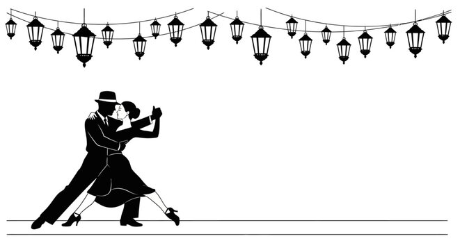Silhouette of a Tango Dancing Couple Under Hanging Lanterns