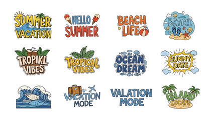 Summer Vacation Vibes Collection: A vibrant collage of 12 unique graphic designs celebrating summer, vacation, and tropical themes, perfect for beach lovers and travel enthusiasts. © Rahimatul