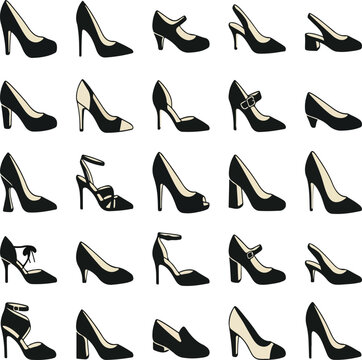 Elegant women's high heel shoes collection, 25 black footwear icons vector set, stylish female pumps and stiletto fashion illustrations for retail design