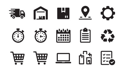 Logistic and delivery service icons including truck warehouse package calendar and shopping cart set. © Mukti