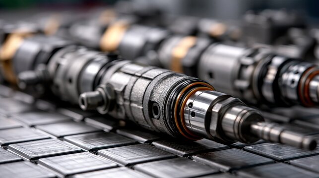 Medium shot highlighting diesel fuel injector assembly with focus on robust metallic parts and the precise fit of seals emphasizing durability and engineering accuracy in an