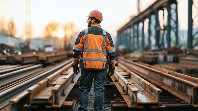 Industrial worker standing on railway tracks during infrastructure inspection with rusted metal and construction maintenance concept