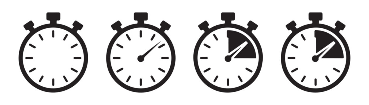 Chronometer timer icons set showing elapsed time segments for tracking duration and speed progress.