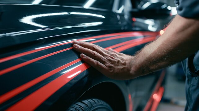 Medium shot of a technician applying twotone exterior decals on a car door focusing on clean lines and vibrant color contrast with steady hand movements.