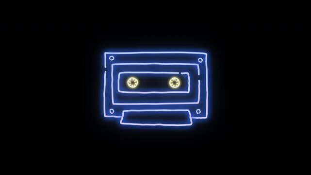 4K Neon Sign Audio Cassette Tape Glowing on Black Background, Animated Retro Music Symbol Bright Light, Vintage 80s 90s Pop Culture Concept