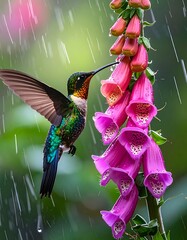 Fototapeta premium Hummingbird feeding on pink flowers rain.
