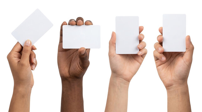 Four hands holding blank white business isolated on white background, png transparent set, bundle collection, products festive celebration, event festival 2026, 2027 2028 download