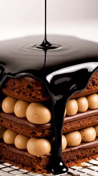 Chocolate sauce pours over a decadent layered chocolate cake with cream filling on a wire rack indoors.