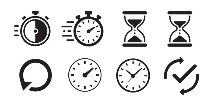 Set of time and clock icons for business and personal organization tasks represented in flat style.