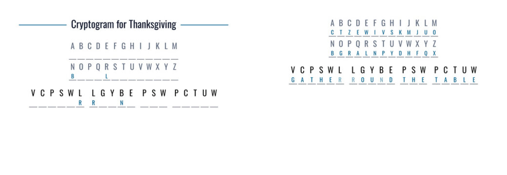 Thanksgiving family game night cryptogram puzzle on white background  