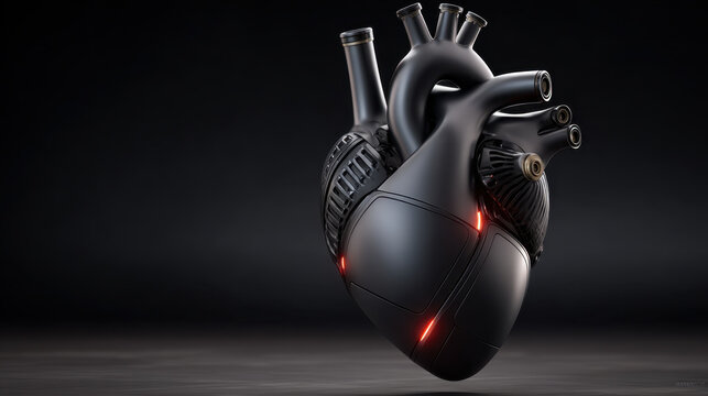 Three dimensional render of human heart made with engine component, dark futuristic medical concept, glowing detail, isolated on black background