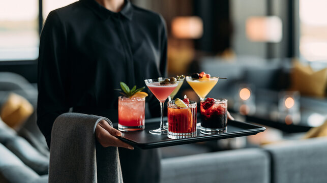 Professional waitress carrying vibrant cocktails in upscale bar with luxury hospitality and modern nightlife concept