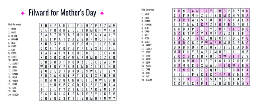 Word search puzzle with solution for Mother's Day  