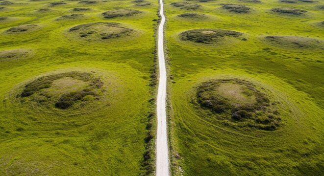Narrow white path cutting through green mima mounds aerial view