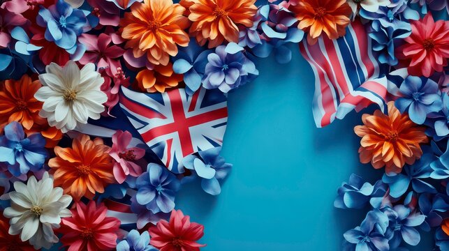 Creative british style background with flowers and united kingdom uk flag
