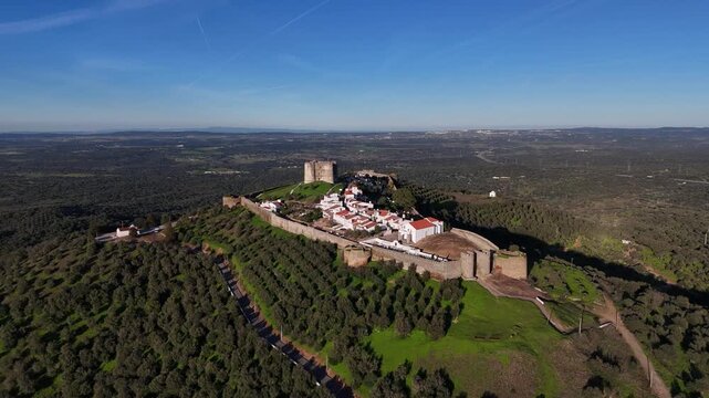 Drone Flyover Above Evoramonte Castle and Alentejo Landscape