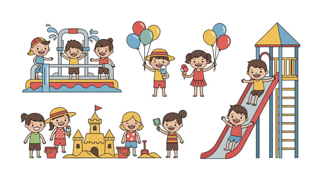 Playful Summer Activities for Kids: A vibrant collection of cartoon illustrations depicts children enjoying a day of fun with water slides, balloons, ice cream, and sandcastles.