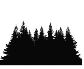Fototapeta premium Dense pine forest silhouette graphic featuring multiple coniferous evergreen trees arranged in a cluster on transparent background