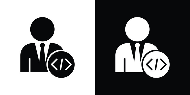 Businessman with coding symbol icon. IT project manager, software development expert, or programmer avatar vector illustration isolated on black and white.