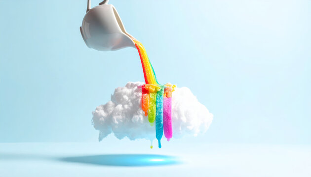 A white teapot pouring a vibrant rainbow sherbet liquid onto a fluffy white cloud dessert