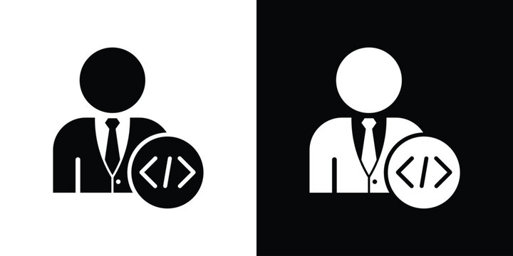 Businessman with coding symbol icon. IT project manager, software development expert, or programmer avatar vector illustration isolated on black and white.