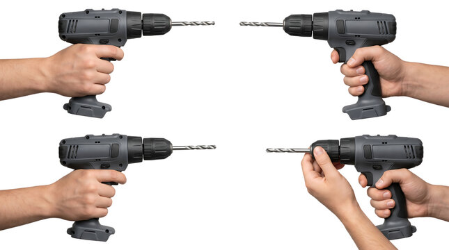 Four hands holding electric drills in isolated on white background, png transparent set, bundle collection, products festive celebration, event festival 2026, 2027 2028 download