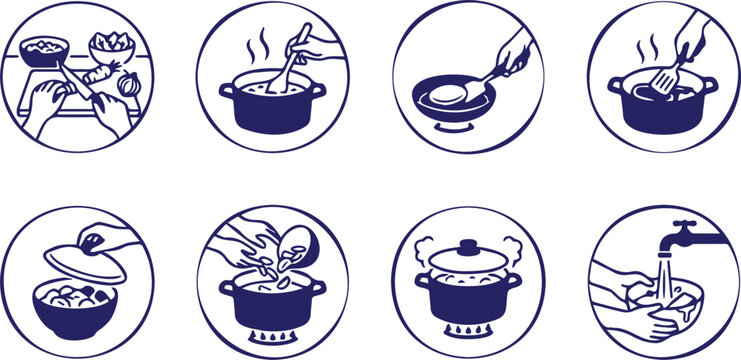 Cooking process step vector icon set with dark blue line art doodle icons of food preparation and recipe instructions
