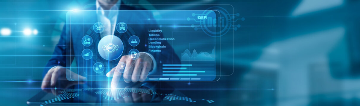 Blockchain Analyst touching the tablet using DeFi, displayed diagrams and graphs with icons of decentralized finance, crypto assets, smart contracts across the world map.