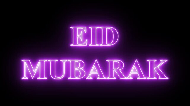 Animated neon text reads Eid Mubarak glowing in purple on black background for holiday greetings.