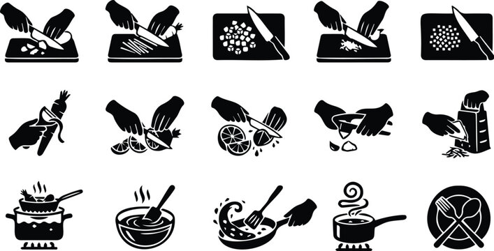 Culinary knife skills and cooking techniques icon set vector illustrations of food prep methods