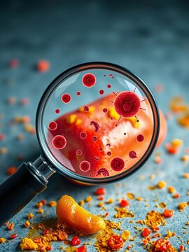 Contaminated food under magnifying glass with bacteria illustration, laboratory testing, contamination detection