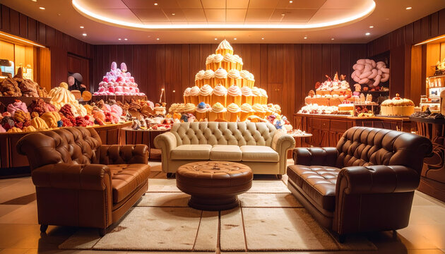 An extraordinary surreal room filled with edible dessert furniture and opulent sweets, perfect for a whimsical celebration or fantastical event.