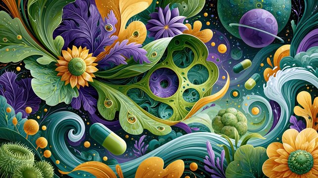 Psychedelic surreal illustration of giant seaweed algae world with supplement capsules as floating planets, swirling ocean currents, third eye motifs hidden in kelp leaves